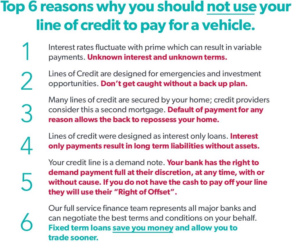 Top 6 reasons to not use line of credit to pay for a vehicle Ajax Pickering Whitby Oshawa Clarington Durham Region Toronto Ontario