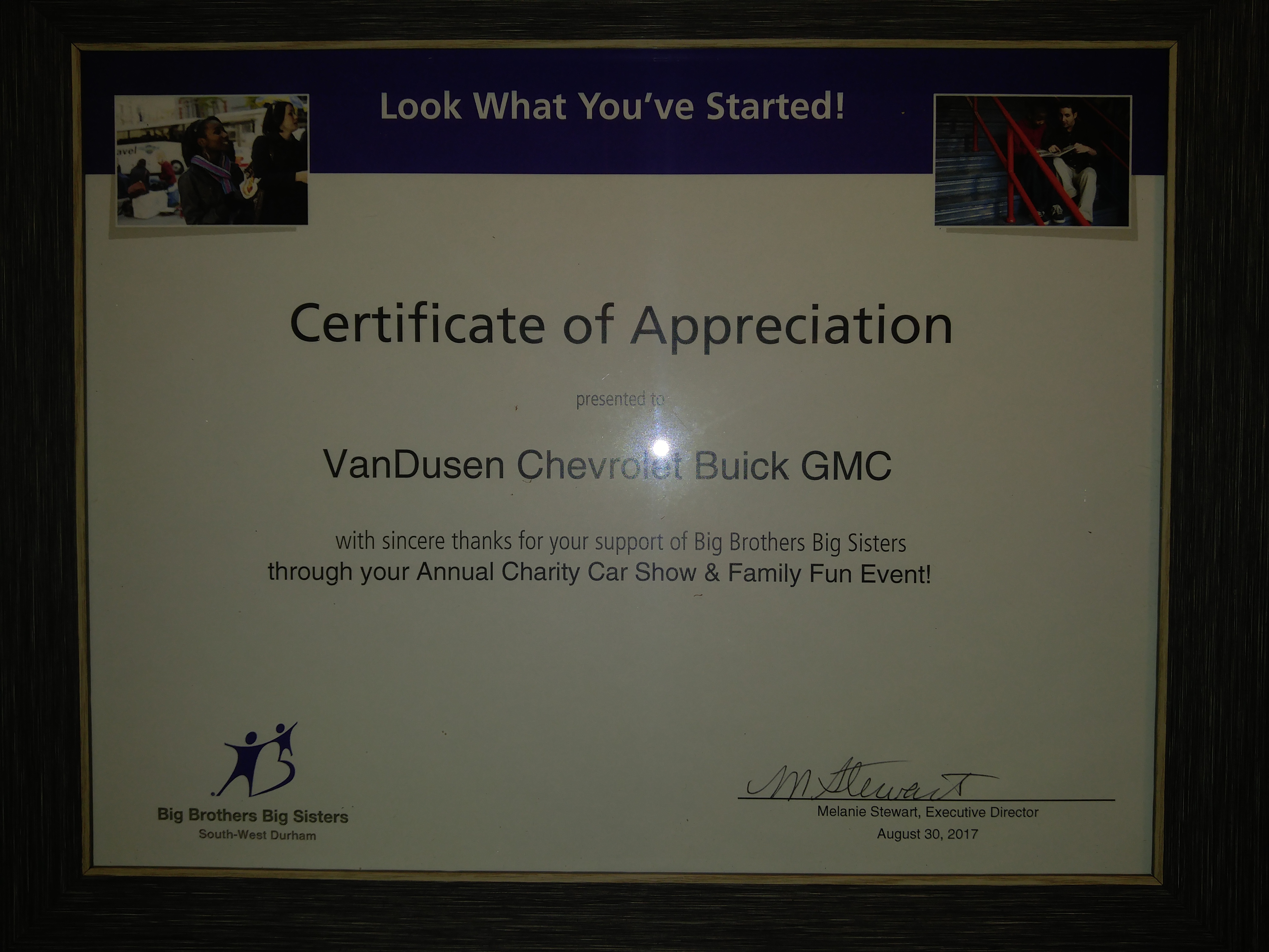 Certificate of Appreciation from Big Brothers Big Sisters of South-west Durham